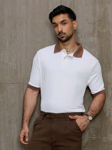 White Ribbed Polo With Contrast Jacquard Collar & Cuff