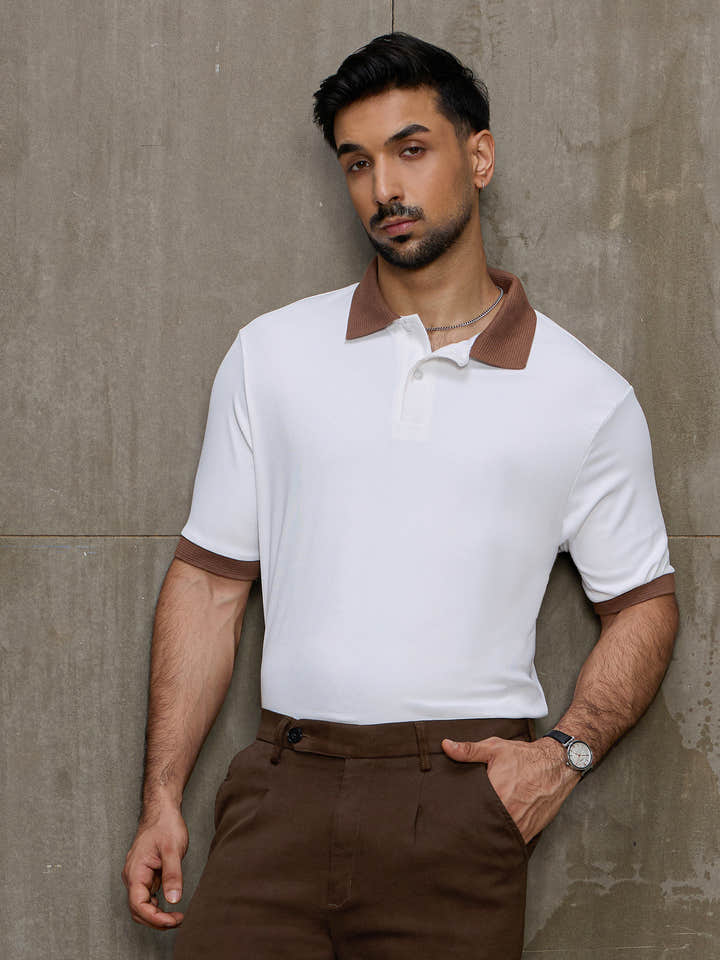 Cahoot Men's White Ribbed Polo With Contrast Jacquard Collar & Cuff - view 1