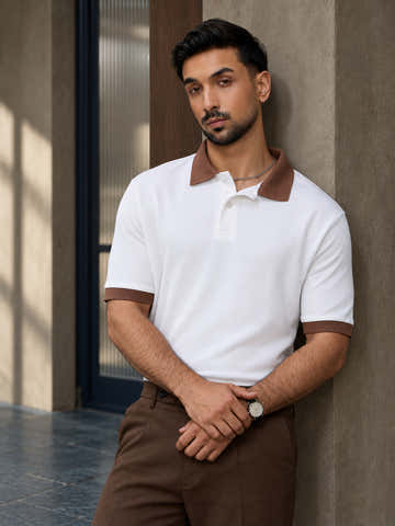 White Ribbed Polo With Contrast Jacquard Collar & Cuff