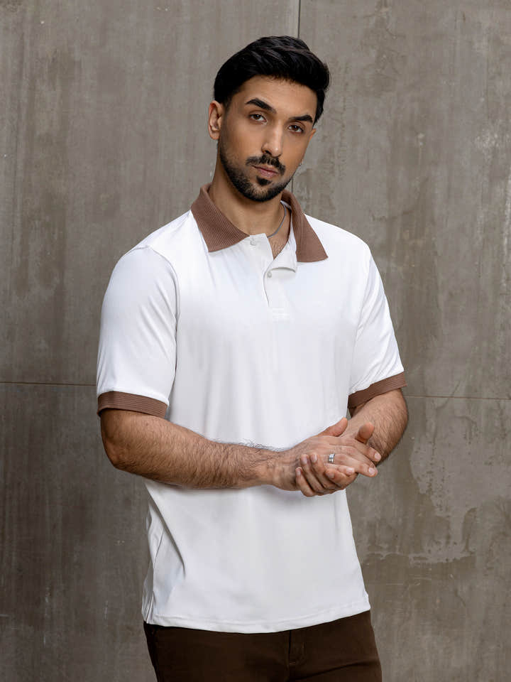Cahoot Men's White Ribbed Polo With Contrast Jacquard Collar & Cuff - view 3