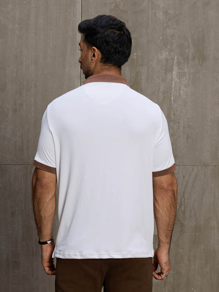 Cahoot Men's White Ribbed Polo With Contrast Jacquard Collar & Cuff - view 4