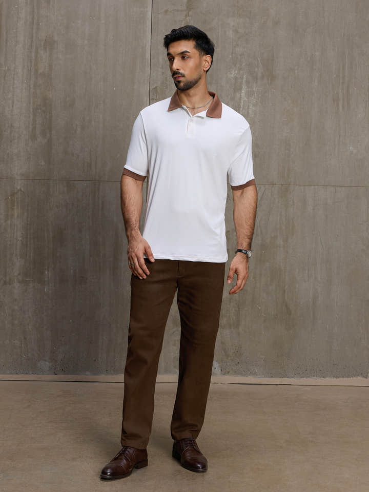 Cahoot Men's White Ribbed Polo With Contrast Jacquard Collar & Cuff - view 5