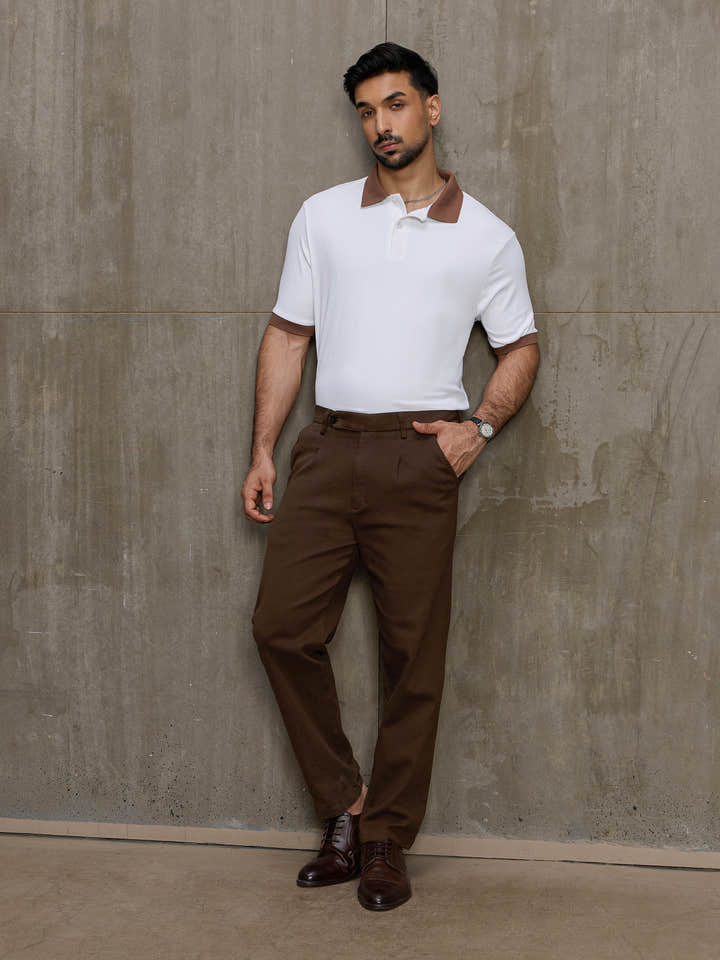 Cahoot Men's White Ribbed Polo With Contrast Jacquard Collar & Cuff - view 6
