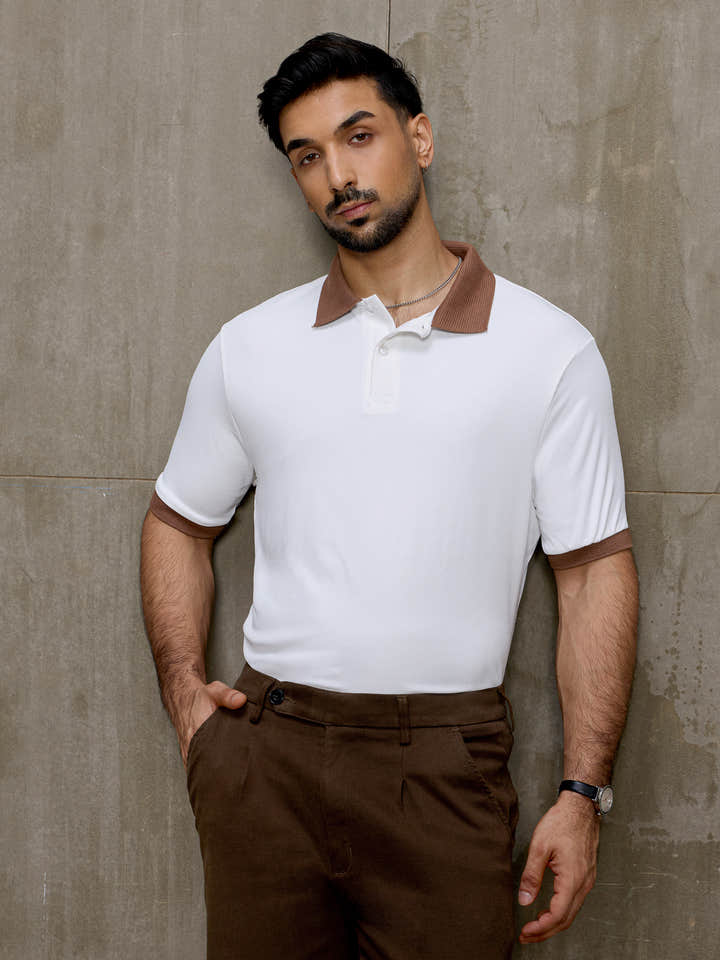 Cahoot Men's White Ribbed Polo With Contrast Jacquard Collar & Cuff - view 7