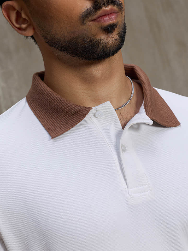 Cahoot Men's White Ribbed Polo With Contrast Jacquard Collar & Cuff - view 8