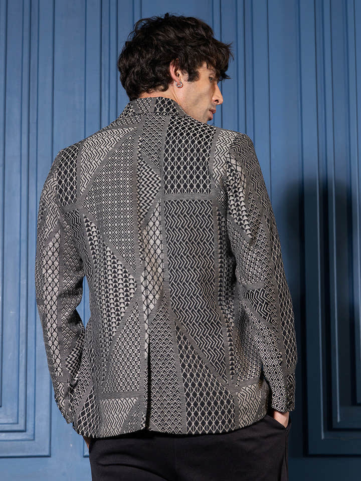 Tailored Geometric-Block Jacquard Blazer