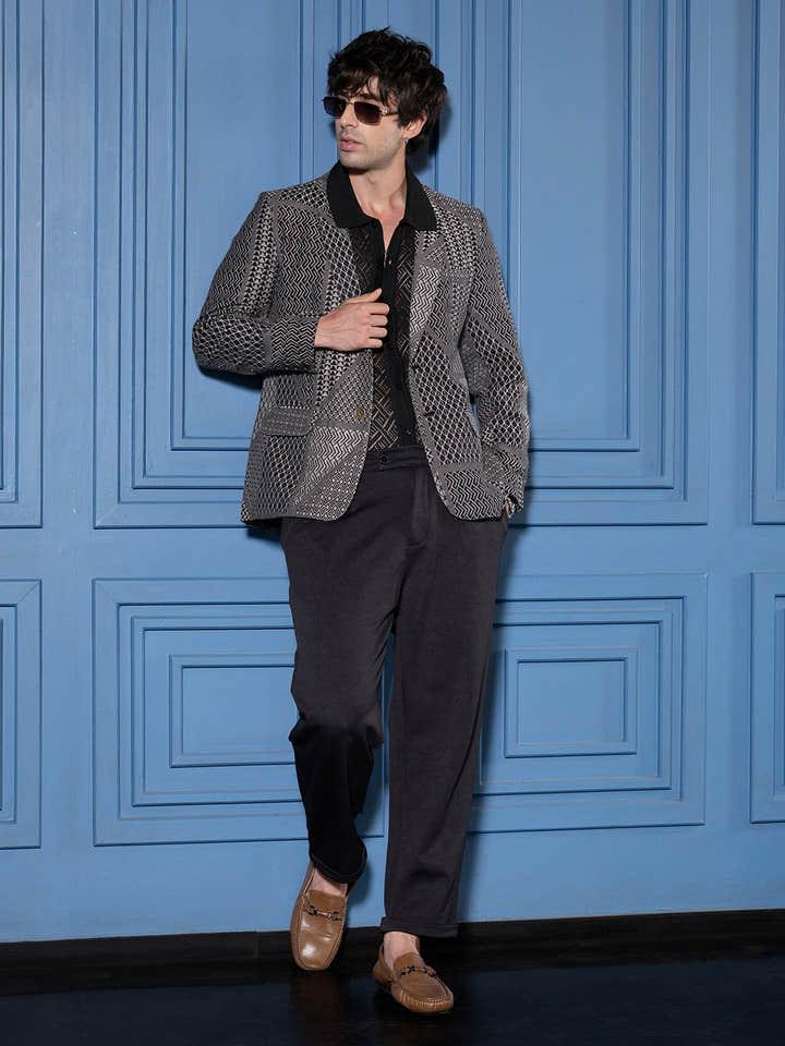 Tailored Geometric-Block Jacquard Blazer