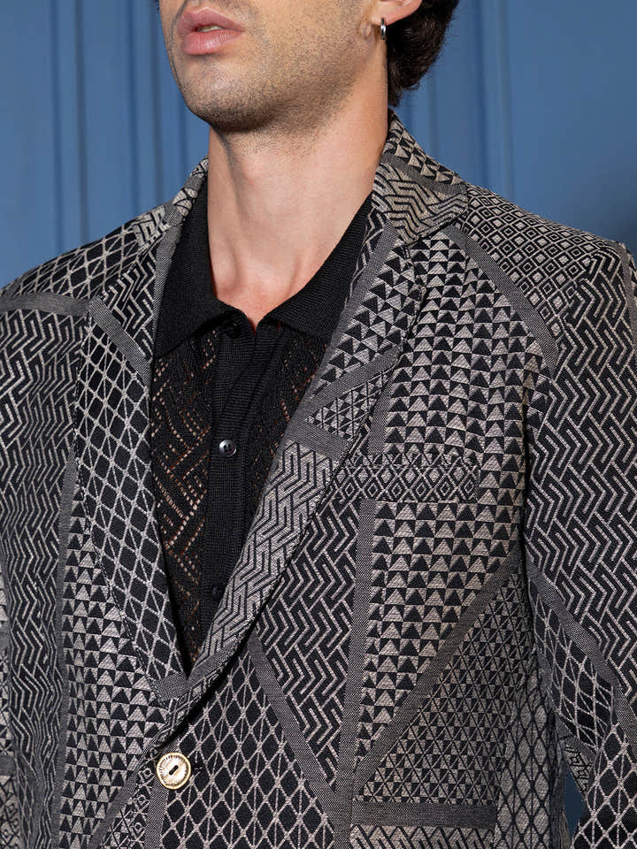 Tailored Geometric-Block Jacquard Blazer