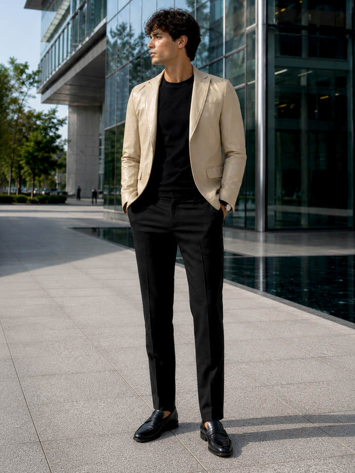 CAHOOT Men's Beige Single-Breasted Blazer With Double Flap Pockets - view 4