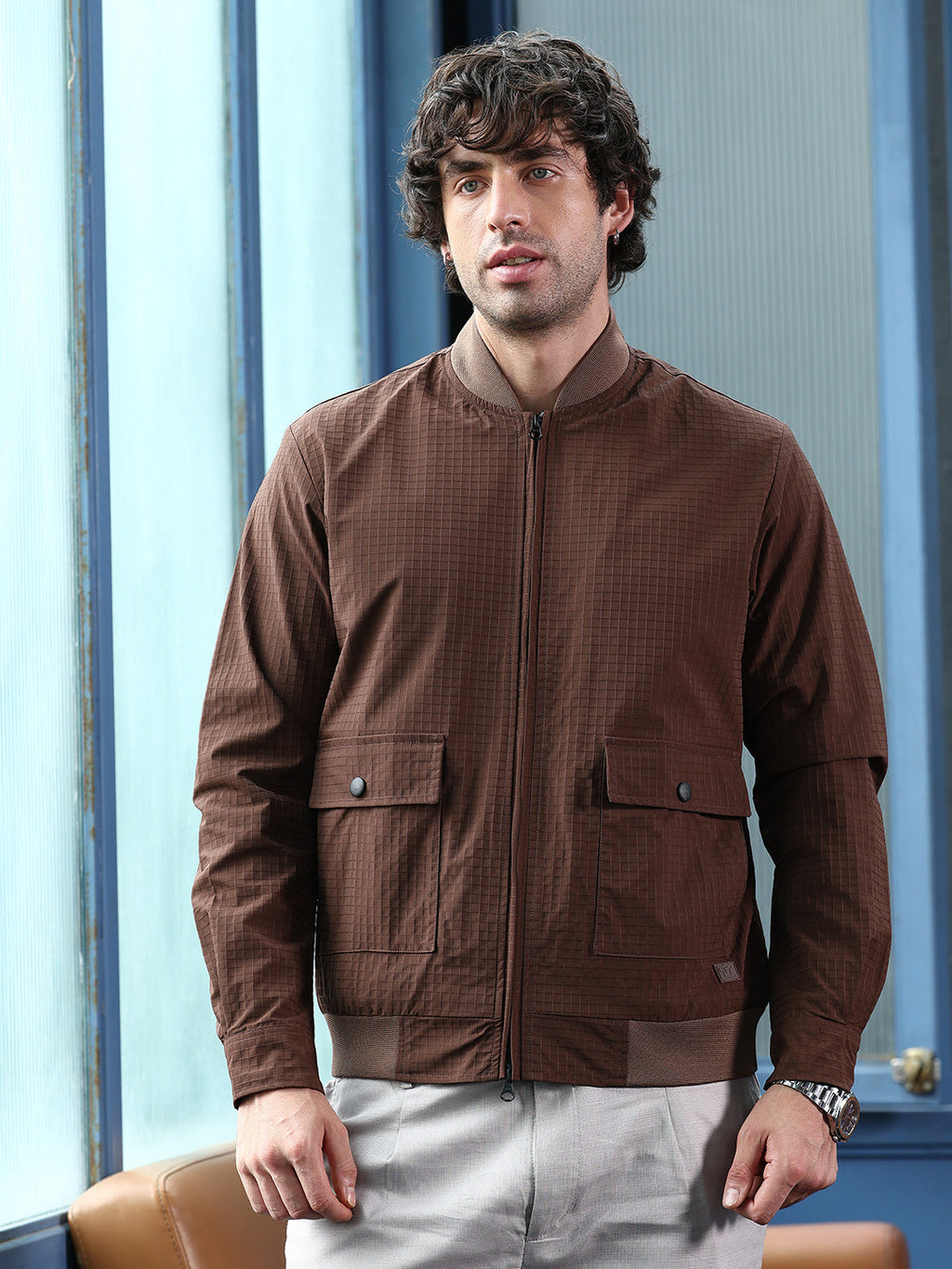 Zip-Front Waffle Bomber Jacket
