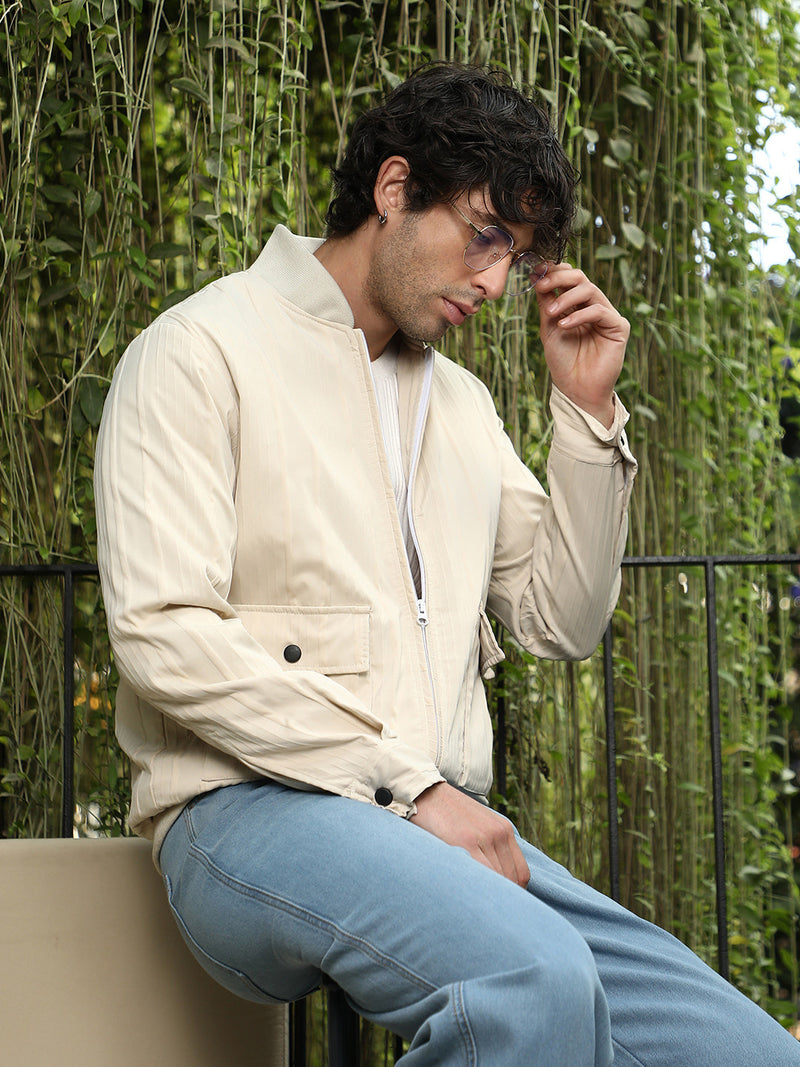Zip-Front Stripe-Tactile Bomber Jacket