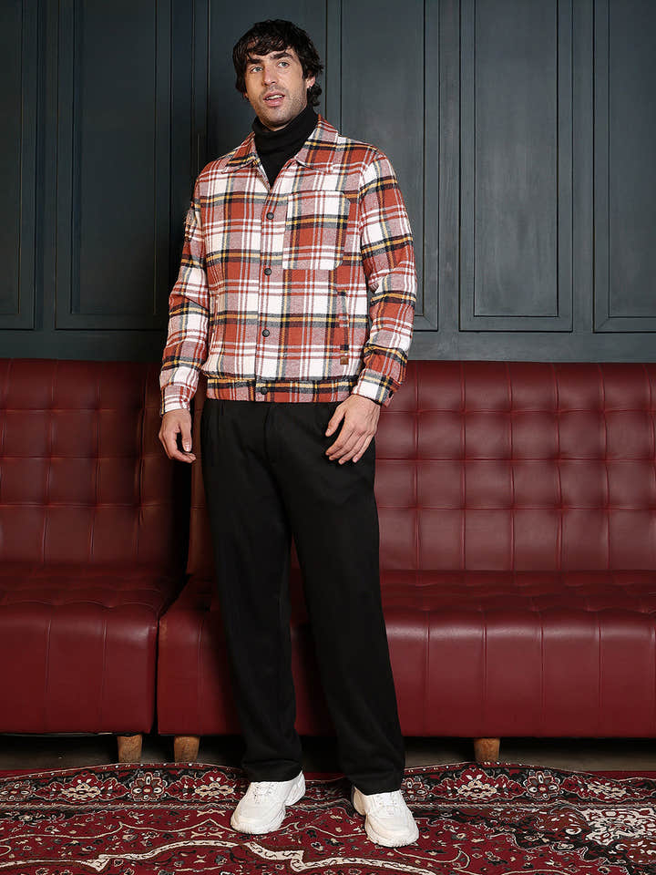 Twill-Plaid Utility Bomber Jacket