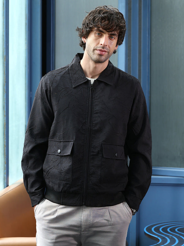 Zip-Front Foliage-Tactile Bomber Jacket