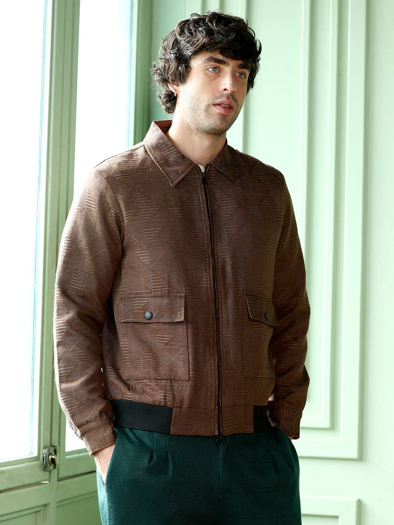 Geometric-Jacquard Zip-Front Jacket