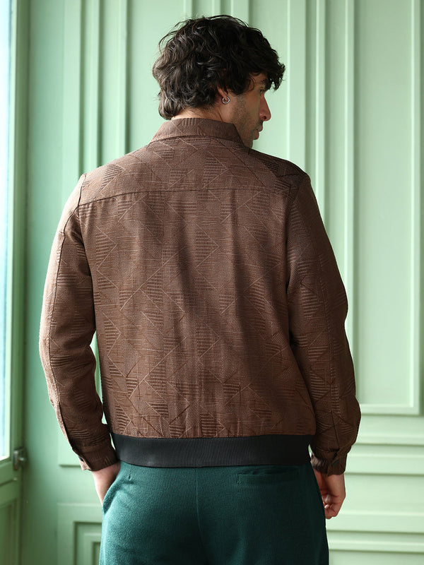 Geometric-Jacquard Zip-Front Jacket