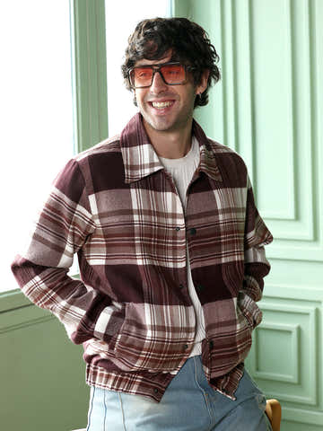 Brushed-Plaid Bomber Jacket