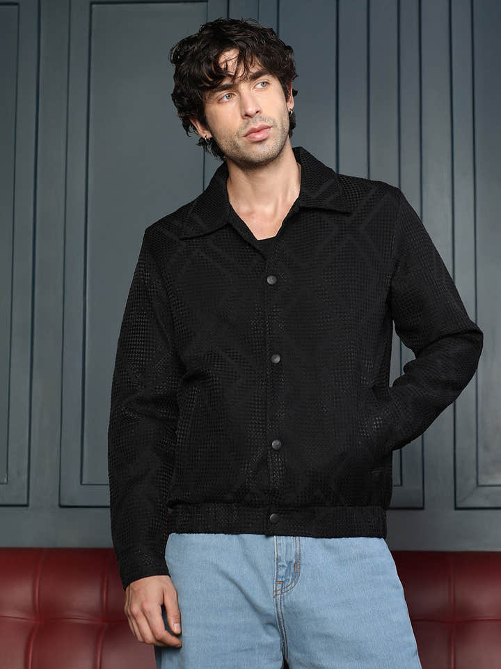 Rhombus-Jacquard Bomber Jacket