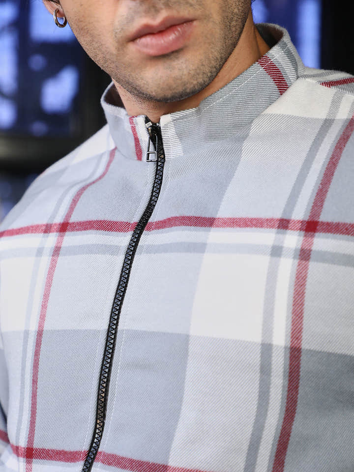 Zip-Front Brushed Plaid Jacket