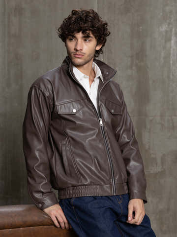 Dark Brown Harrington Faux Leather Lined Jacket