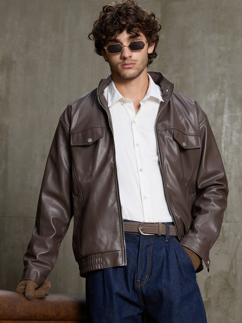 Cahoot Men's Dark Brown Harrington Faux Leather Lined Jacket - view 10