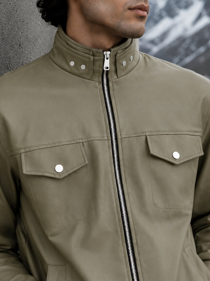 Cahoot Men's Olive Faux Leather Lined Biker Jacket - view 6