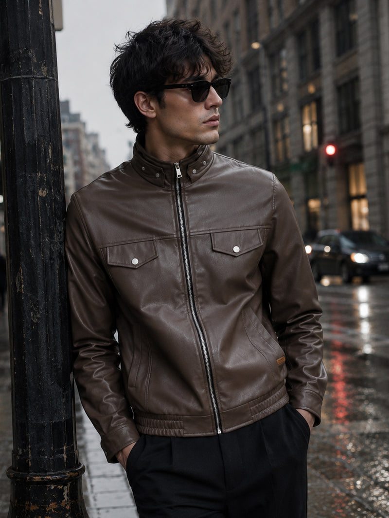 Cahoot Men's Brown Faux Leather Lined Biker Jacket - view 1