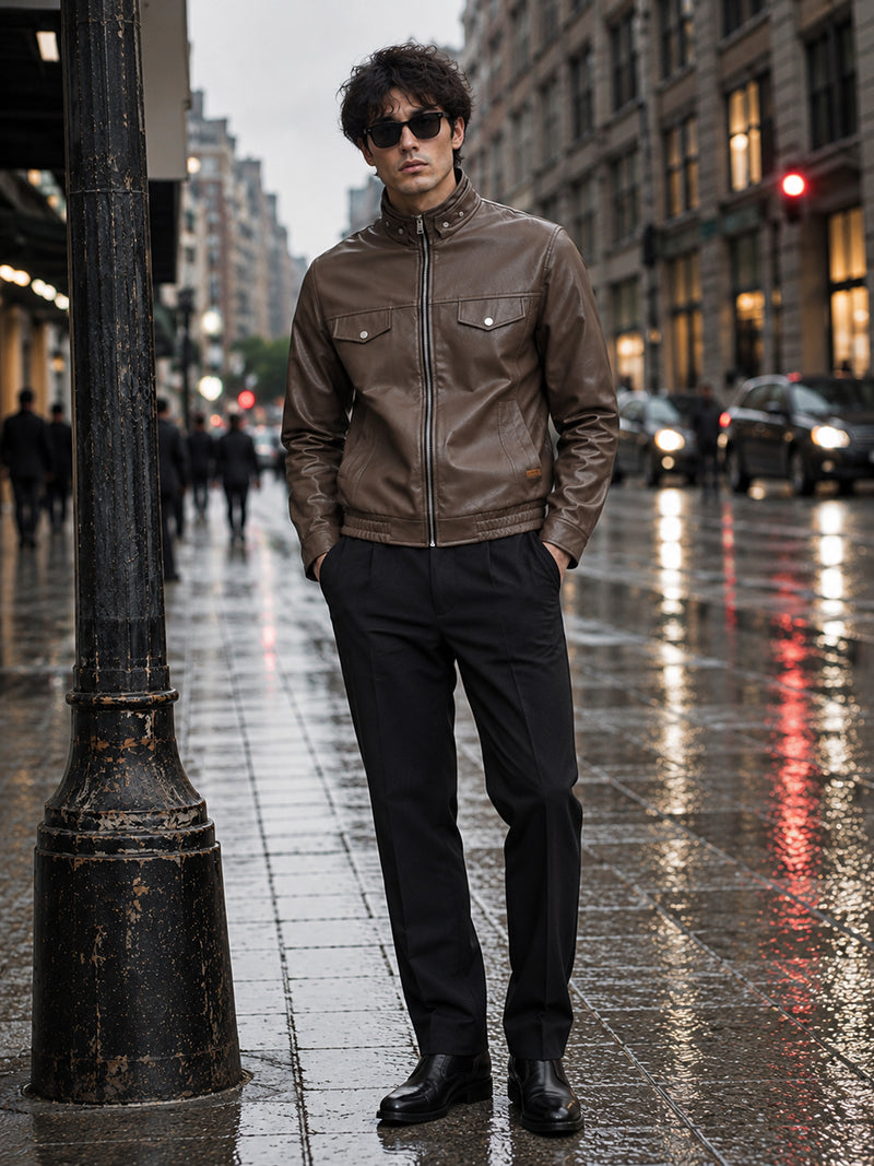 Cahoot Men's Brown Faux Leather Lined Biker Jacket - view 4