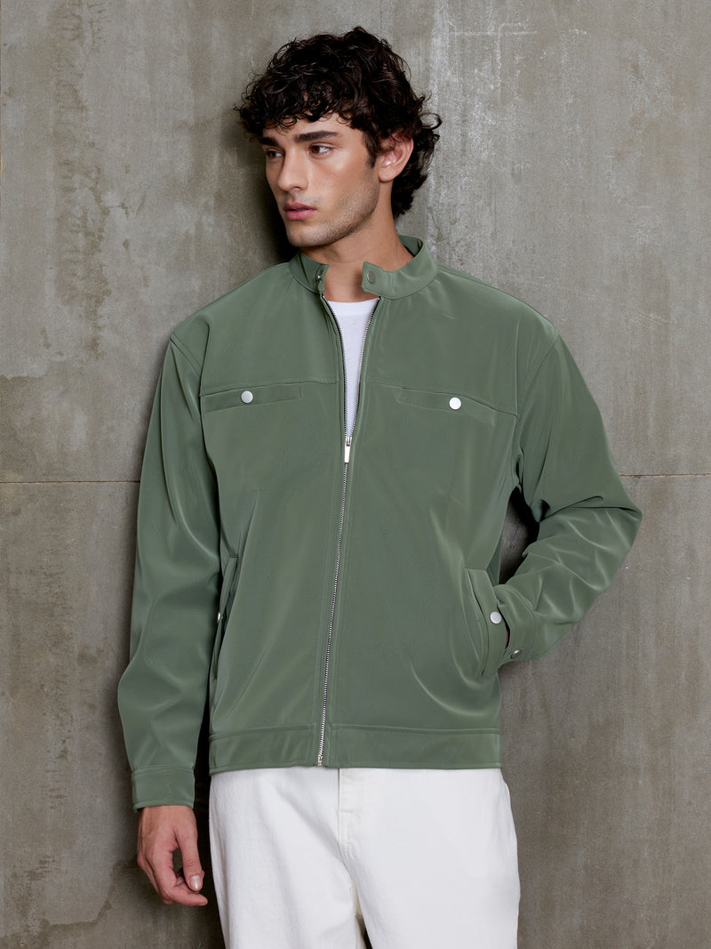 Cahoot Men's Sage Green Faux Leather Lined Biker Jacket - view 2