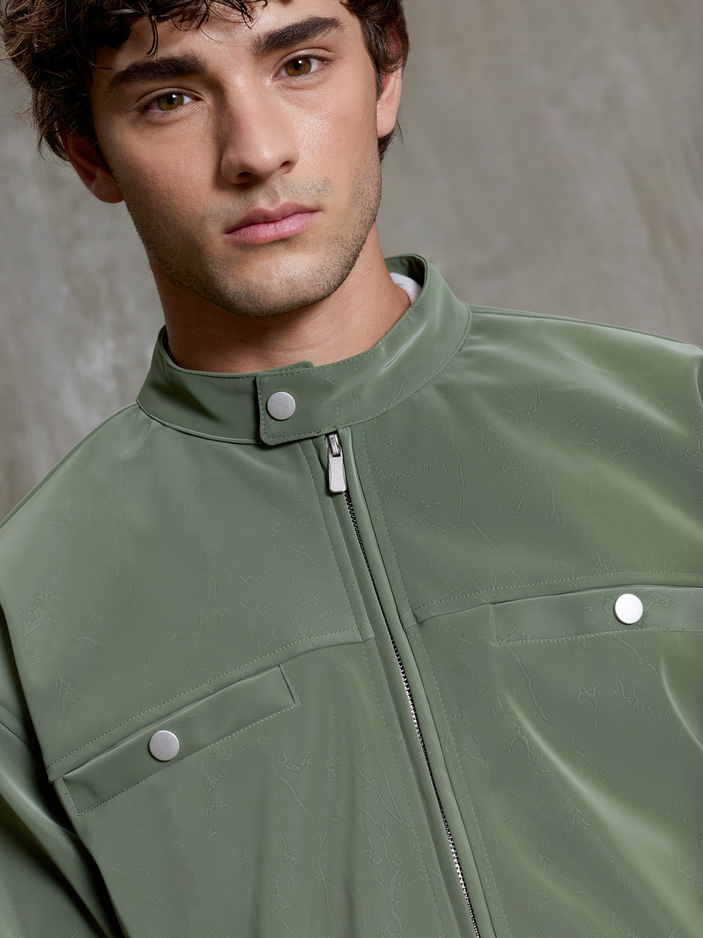 Cahoot Men's Sage Green Faux Leather Lined Biker Jacket - view 8