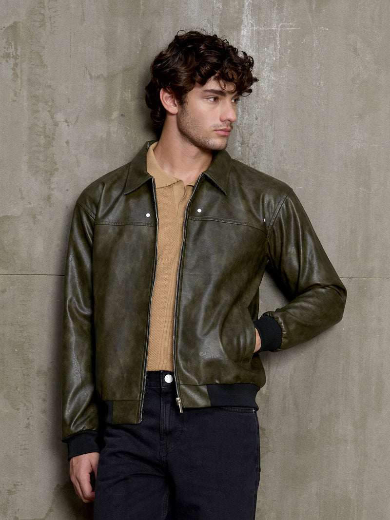 Cahoot Men's Olive Faux Leather Bomber Jacket - view 1