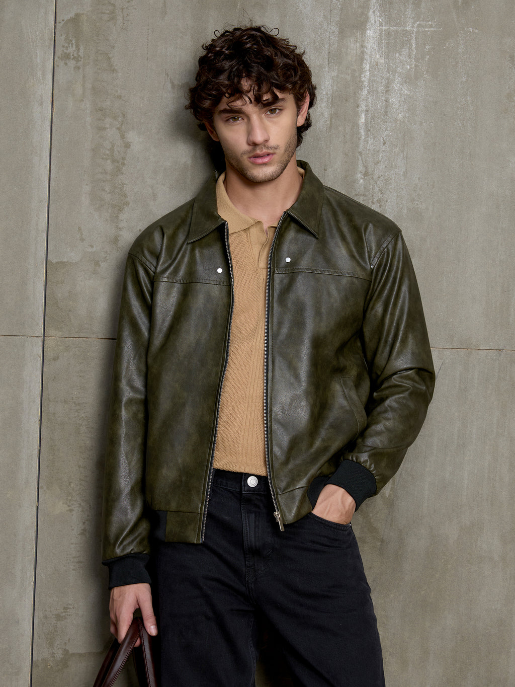 Cahoot Men's Olive Faux Leather Bomber Jacket - view 9
