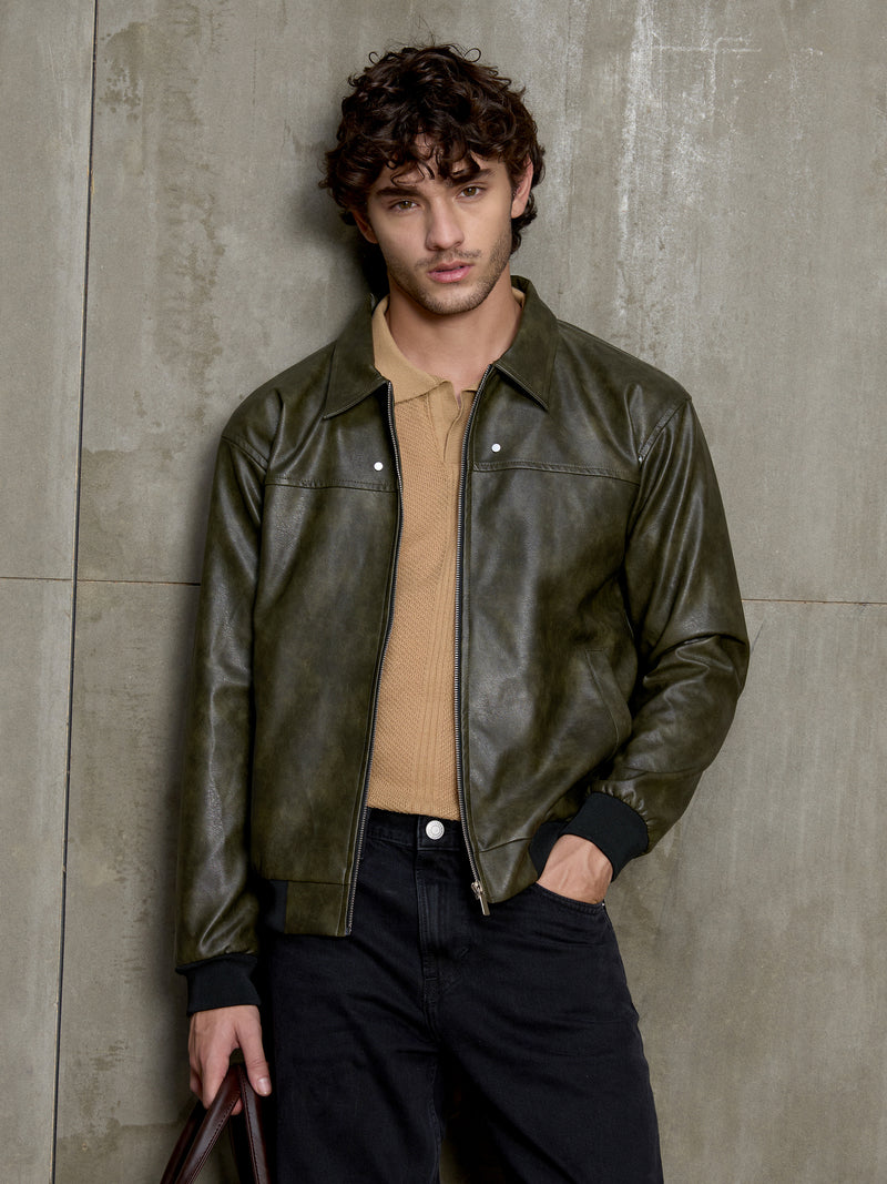 Cahoot Men's Olive Faux Leather Bomber Jacket - view 9