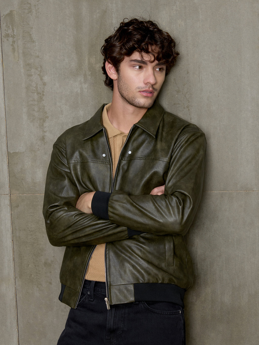 Cahoot Men's Olive Faux Leather Bomber Jacket - view 2
