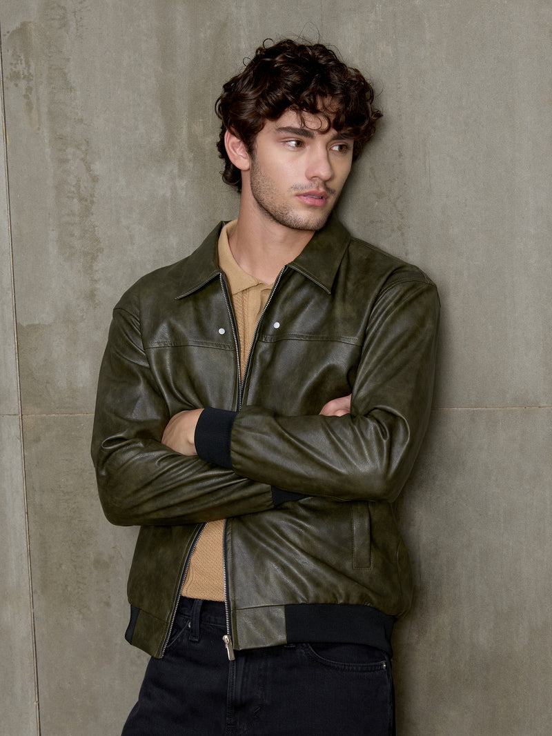 Cahoot Men's Olive Faux Leather Bomber Jacket - view 2