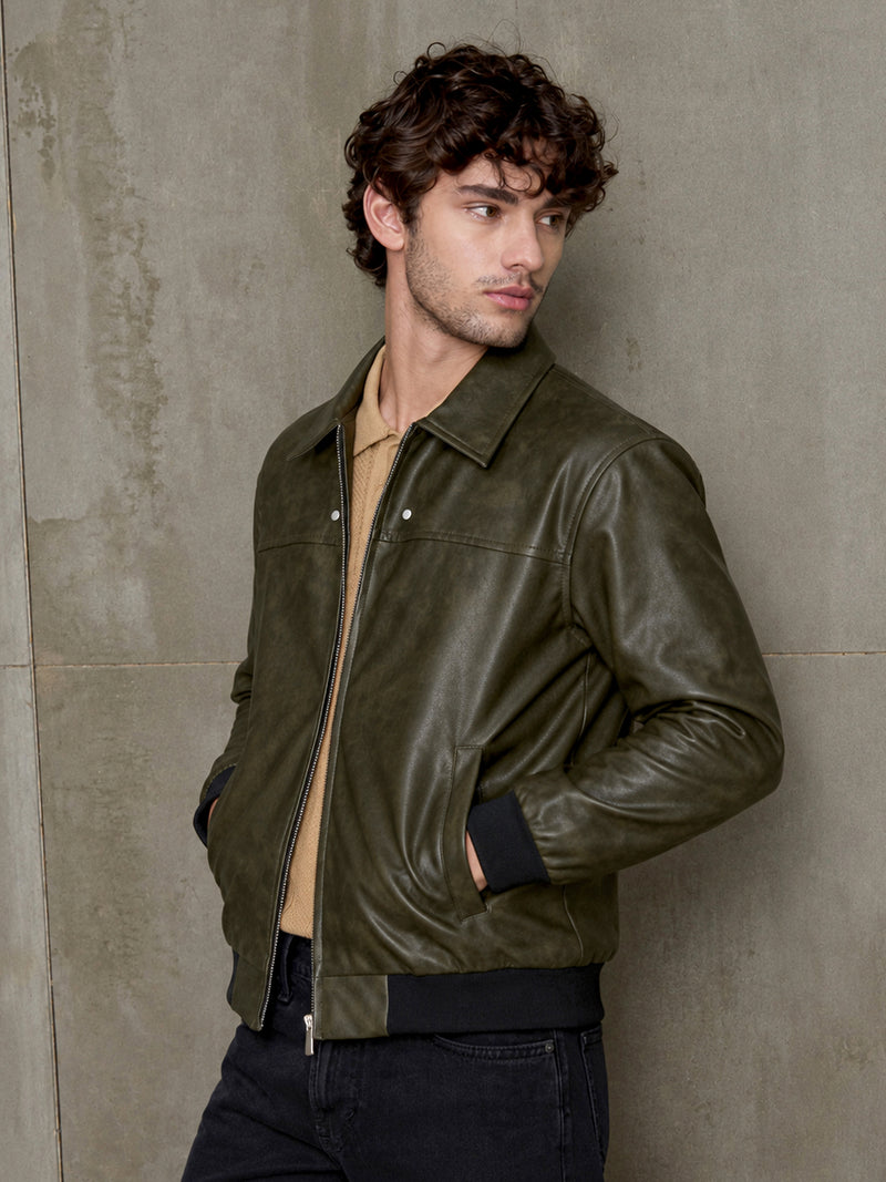 Cahoot Men's Olive Faux Leather Bomber Jacket - view 3