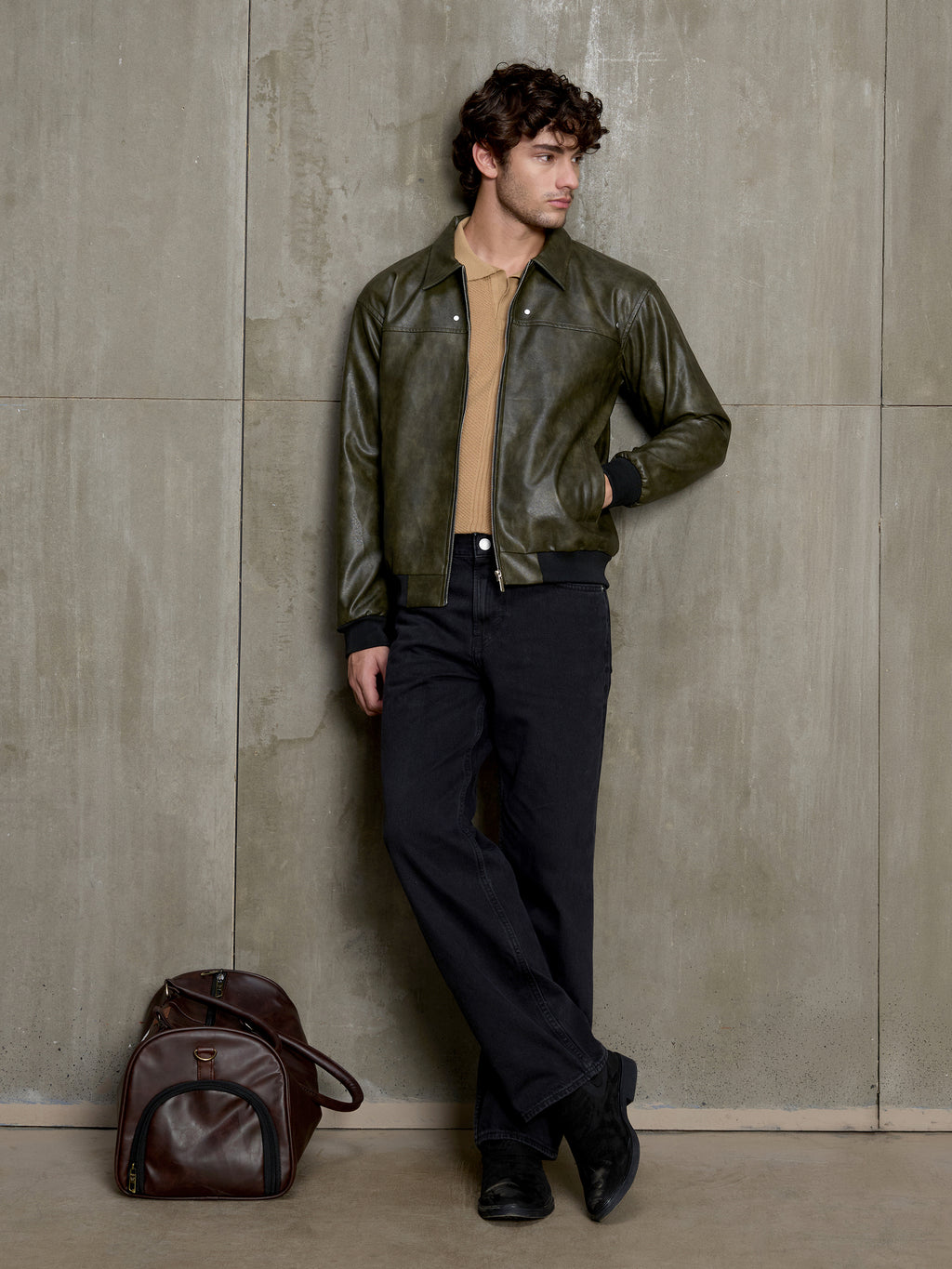 Cahoot Men's Olive Faux Leather Bomber Jacket - view 5