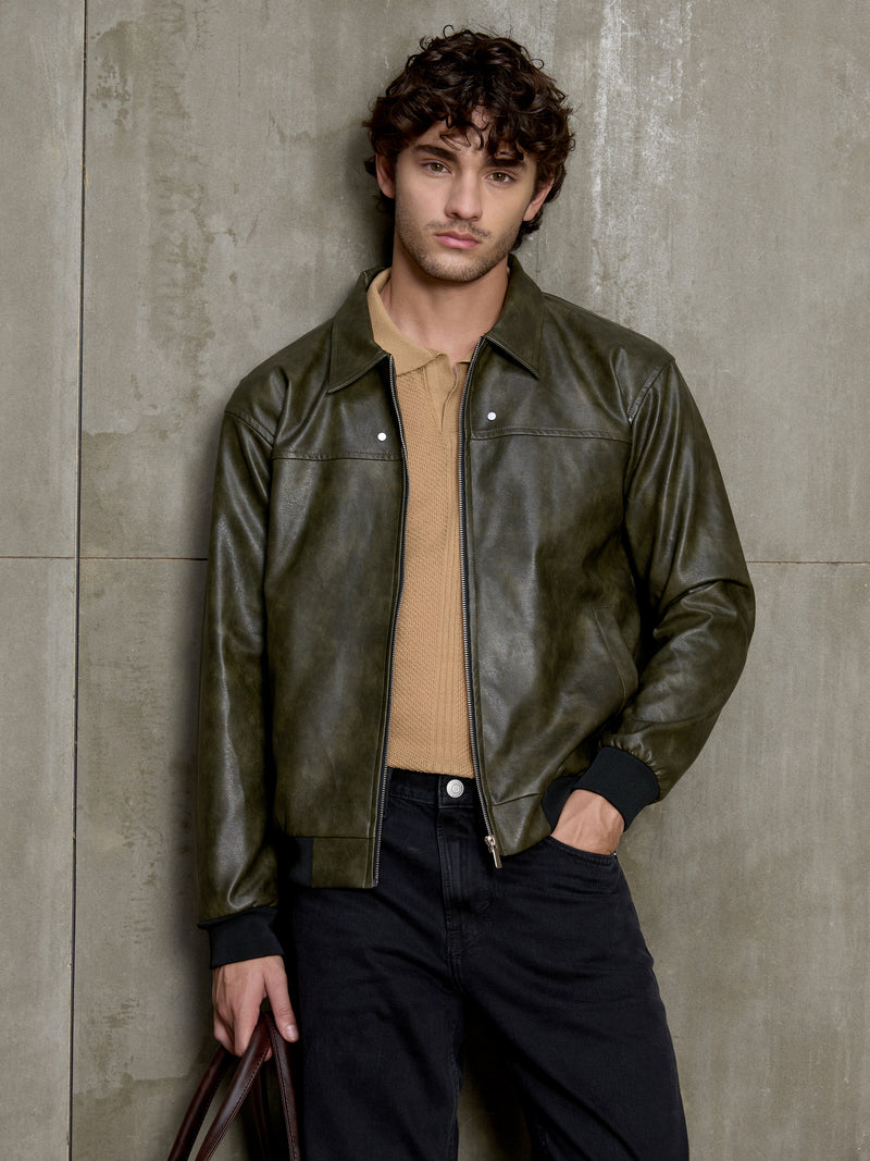 Cahoot Men's Olive Faux Leather Bomber Jacket - view 6