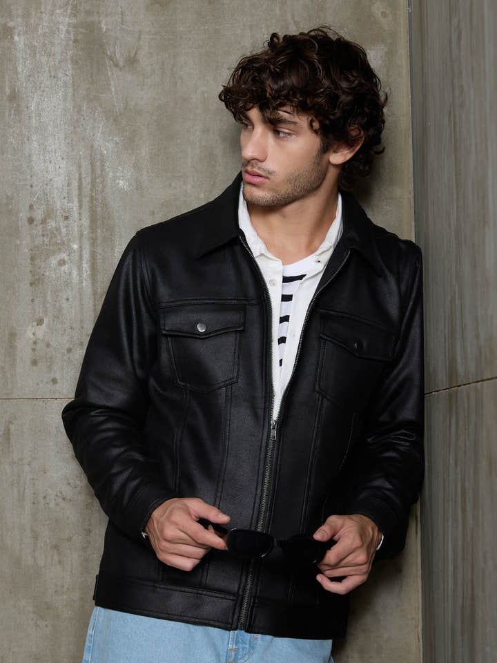 Cahoot Men's Black Smooth Faux Leather Trucker Jacket - view 10
