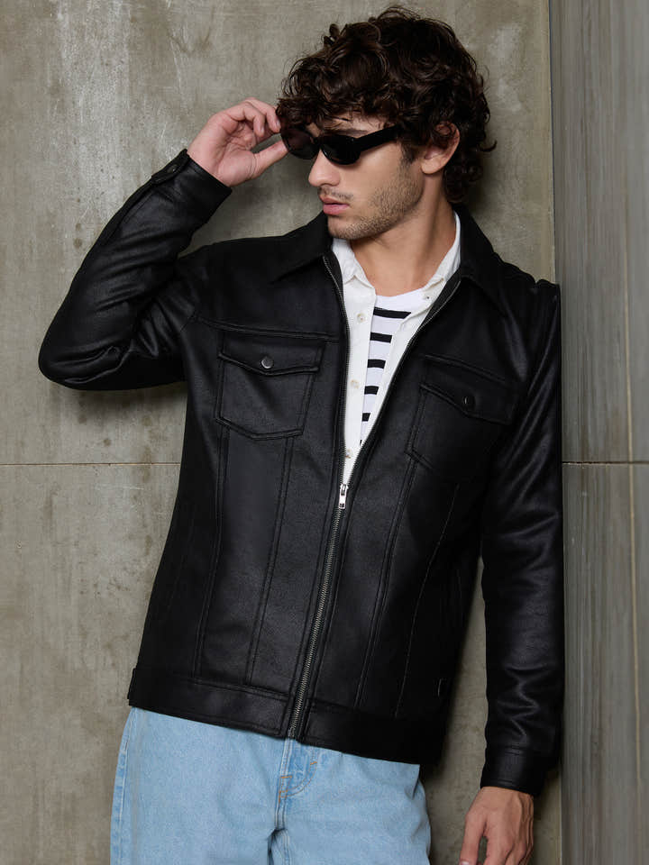 Cahoot Men's Black Smooth Faux Leather Trucker Jacket - view 11
