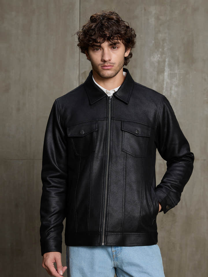 Cahoot Men's Black Smooth Faux Leather Trucker Jacket - view 2