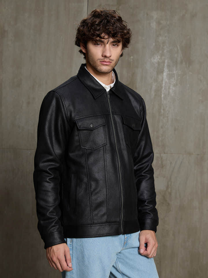 Cahoot Men's Black Smooth Faux Leather Trucker Jacket - view 3