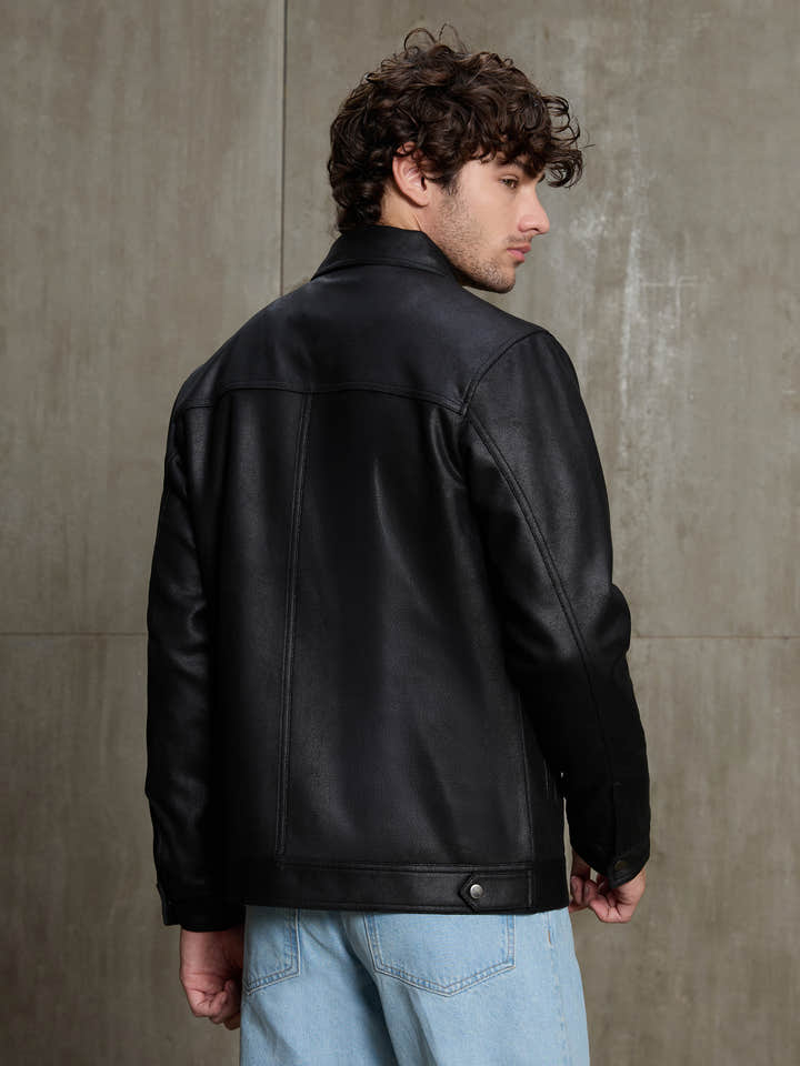 Cahoot Men's Black Smooth Faux Leather Trucker Jacket - view 4