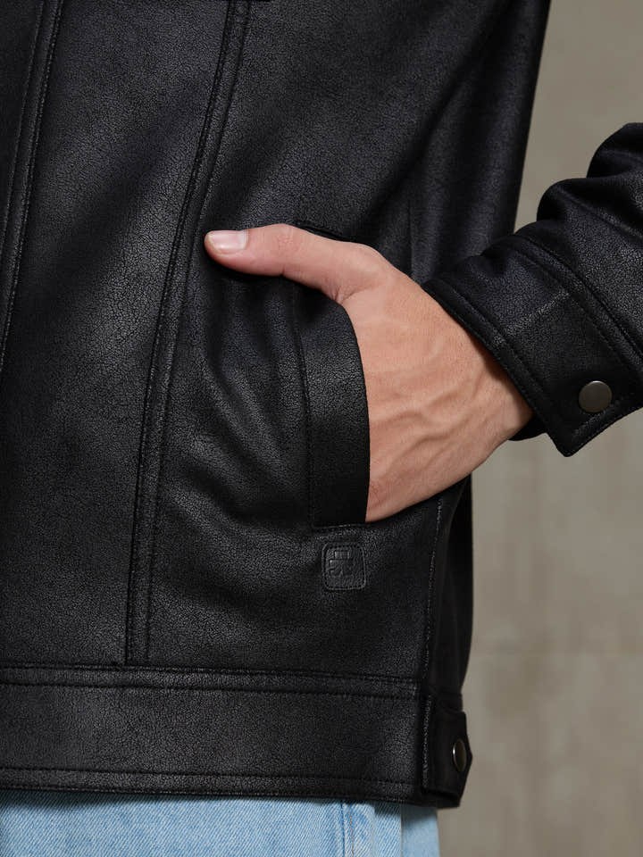 Cahoot Men's Black Smooth Faux Leather Trucker Jacket - view 9