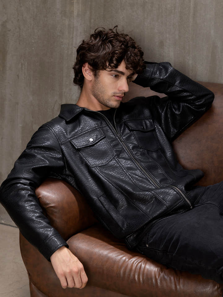 Cahoot Men's Black Grained Faux Leather Trucker Jacket - view 10