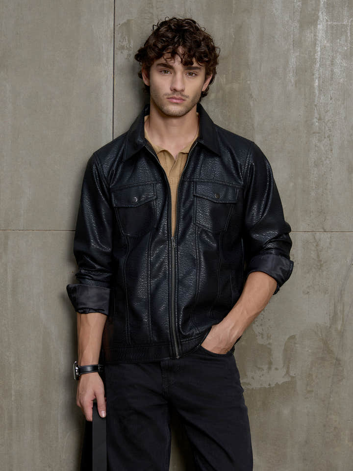 Cahoot Men's Black Grained Faux Leather Trucker Jacket - view 2
