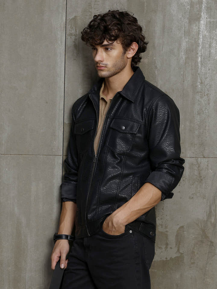 Cahoot Men's Black Grained Faux Leather Trucker Jacket - view 3