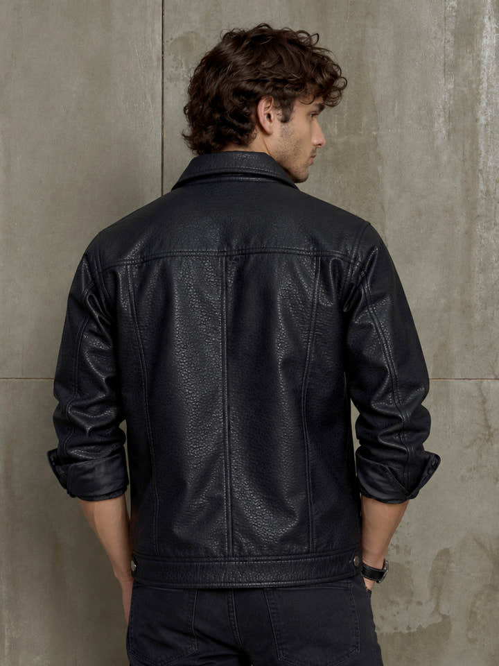 Cahoot Men's Black Grained Faux Leather Trucker Jacket - view 4