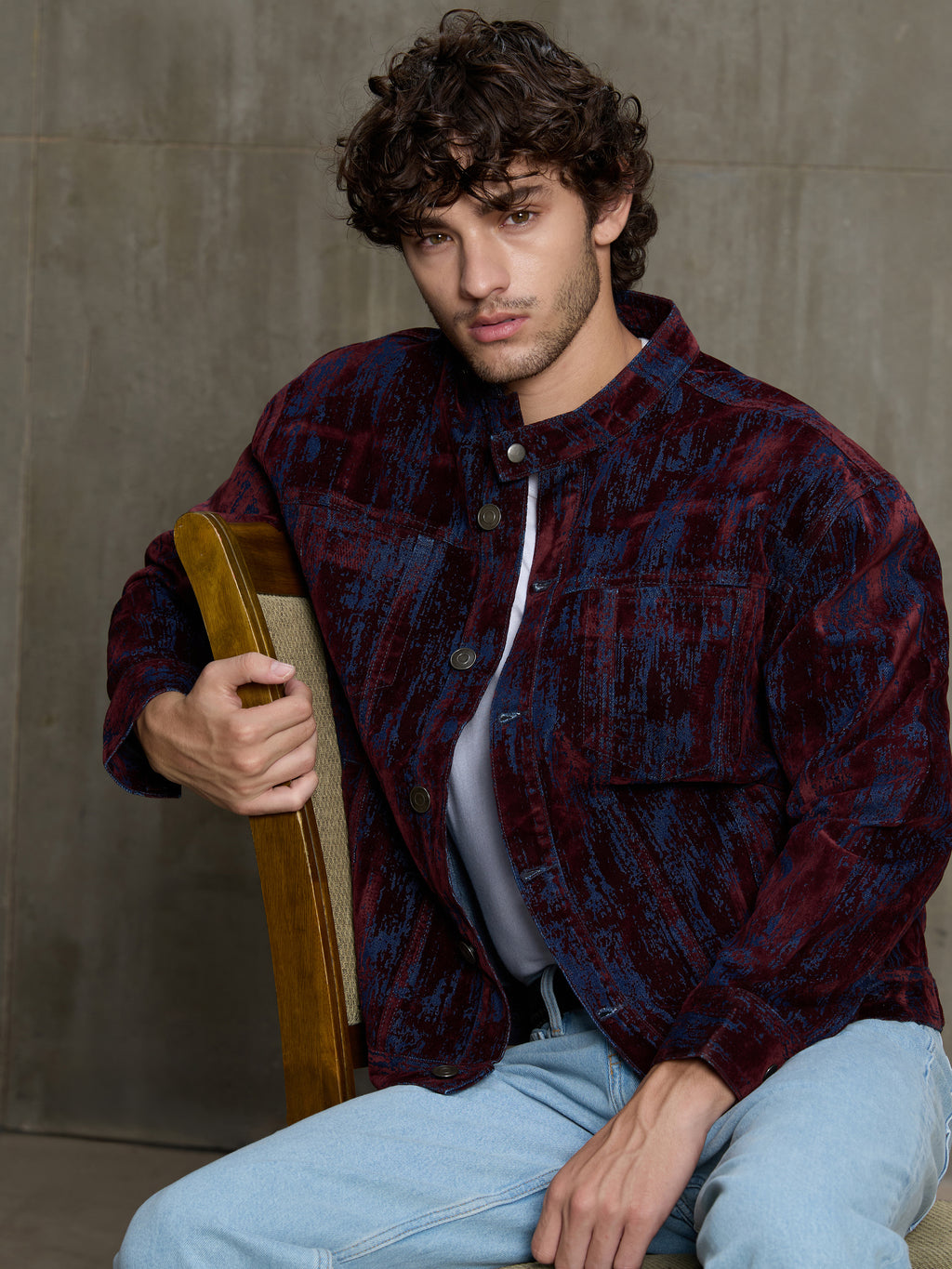 Cahoot Men's Burgundy Flock Printed Denim Trucker Jacket - view 1