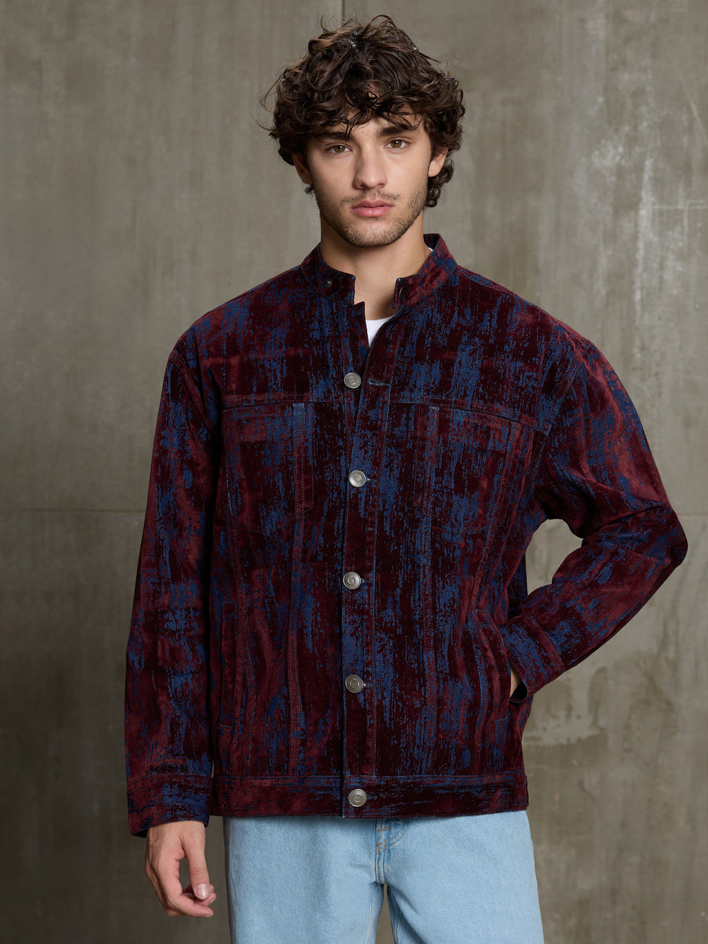 Cahoot Men's Burgundy Flock Printed Denim Trucker Jacket - view 2