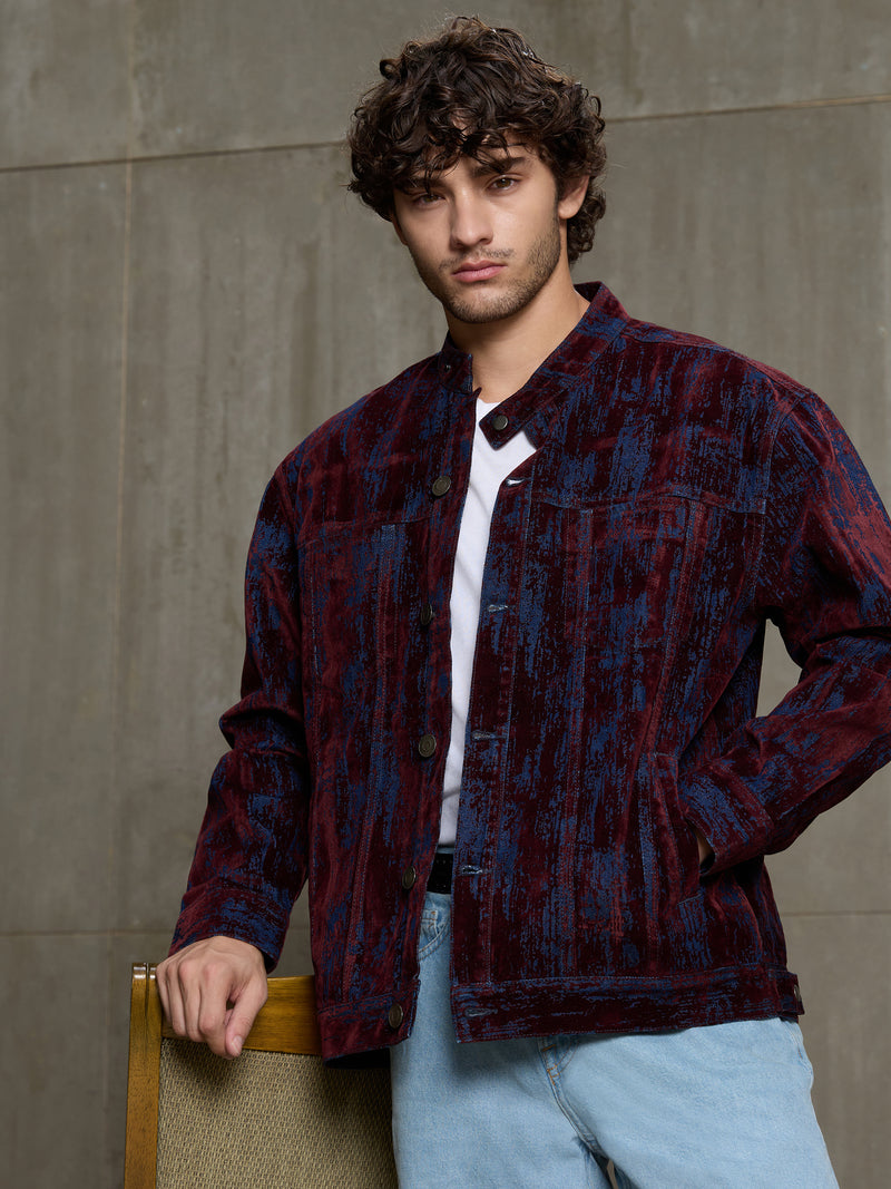 Cahoot Men's Burgundy Flock Printed Denim Trucker Jacket - view 7